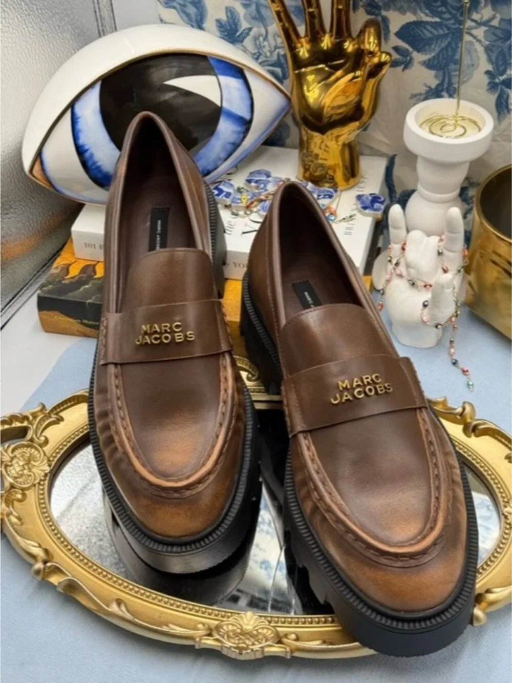 🆕 MARC JACOBS 🧿 NWOB The Distressed Leather Frankie Loafer, Brown - Sz 39 / 9 - Picture 4 of 14